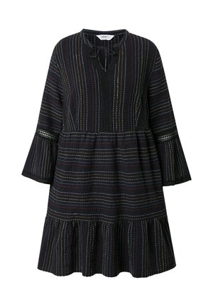 Robe noire à manches longues, présentant des rayures horizontales multicolores, un col en V avec lien, un tissu texturé et un ourlet évasé et à volants.