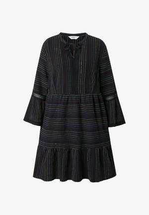 Abito nero con maniche lunghe, presenta righe orizzontali multicolori, scollatura a V con laccetto, tessuto texturizzato e un orlo a strati svasato.