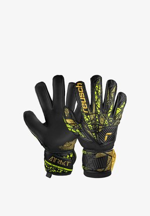 Guanti da portiere neri con dettagli geometrici in giallo neon e oro, cinturini al polso con la scritta "ATTRAKT" e "REUSCH" per presa e supporto.
