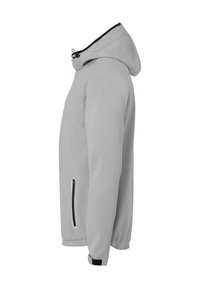 Light grey jacket with a hood, featuring a front zipper pocket, adjustable drawstring, and contrasting black accents on the collar and cuffs.