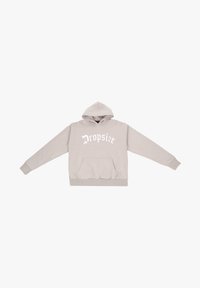 Helle graue Kapuzenjacke aus weichem Stoff mit einer Fronttasche, gerippten Ärmelbündchen und Saum. Weißer Text "Dropsize" im Vintage-Stil auf der Brust.