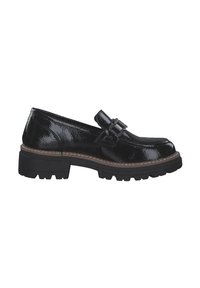 Schwarze Lackleder-Loafer mit robuster Sohle, ausgestattet mit einem dekorativen Riemen und einer Schnallen-Detaillierung sowie kontrastierenden Nähten entlang der Kante.