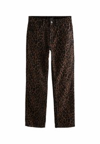 Jeans a stampa leopardata in marrone e nero, con un classico design a cinque tasche, gambe dritte e chiusura con bottone e zip.