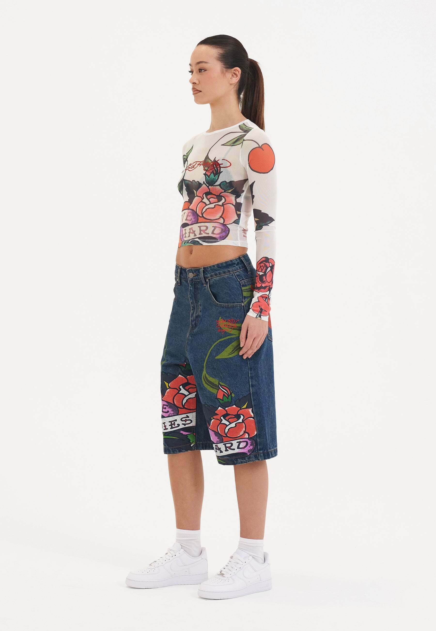 Ed Hardy CHERRY LOVE BOMB - Denim shorts - indigo/blue denim
