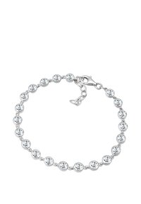 Silberarmband mit runden, klaren Kristallen, die mit Metall verbunden sind. Verstellbarer Verschluss mit einer Kette. Klassisches Design mit glänzender Oberfläche.