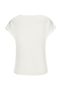 Witte top met korte mouwen, een ronde halslijn, een losse pasvorm en een gebogen zoom, gemaakt van een gladde, lichte stof. Geen zichtbare patronen of accenten.