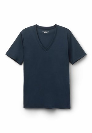 Navy blue cotton t-shirt with a v-neck, short sleeves, and a smooth texture. Features clean seams and understated design without patterns.
