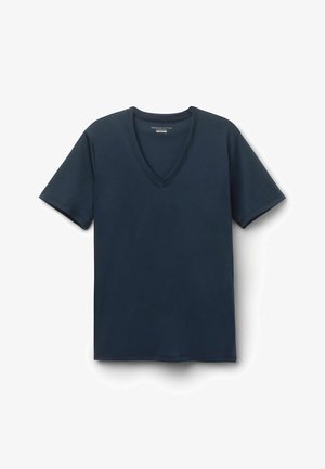 Navy blue cotton t-shirt with a v-neck, short sleeves, and a smooth texture. Features clean seams and understated design without patterns.