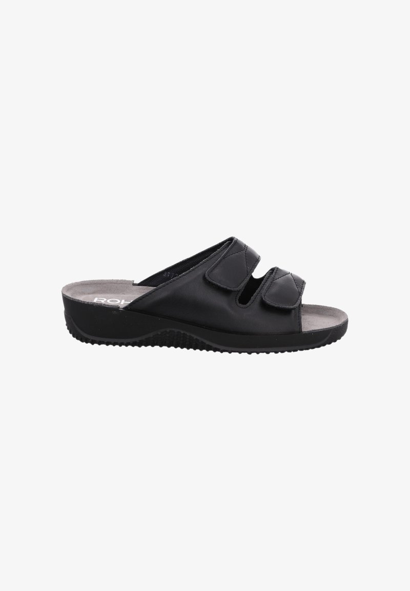 Sandale noire ouverte à bouts ouverts avec deux brides Velcro ajustables et semelle texturée, semelle intérieure rembourrée, design léger.