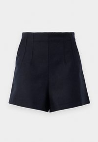 Pantaloni corti blu navy dal design sartoriale, con due pieghe frontali, una texture liscia e un taglio dritto all'altezza della coscia.