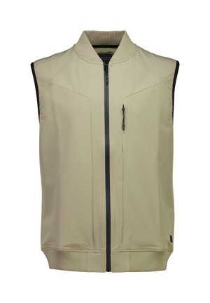 Beige mouwloos vest met ritssluiting en opstaande kraag, met een ritssluiting op de borst, gemaakt van gladde stof met geribbelde zoom en kraag.