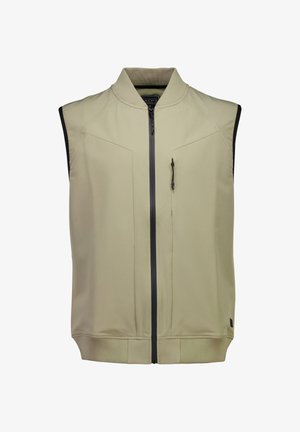 Beige ärmellose Weste mit Reißverschluss, Stehkragen und Reißverschlusstasche auf der Brust, hergestellt aus glattem Stoff mit geripptem Saum und Kragen.