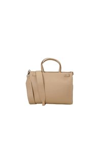 Borsa a mano in pelle beige con due manici corti, una tracolla removibile e una superficie liscia. Presenta una chiusura con zip e un piccolo cartellino.