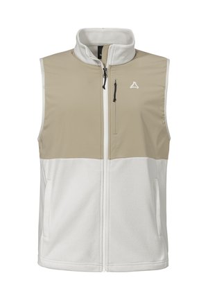 Fleecepullover mit hohem Kragen, im Color-Blocking-Design in Beige und Weiß. Verfügt über einen Frontreißverschluss und eine kleine, mit Reißverschluss versehene Brusttasche.