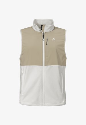 Fleecepullover mit hohem Kragen, im Color-Blocking-Design in Beige und Weiß. Verfügt über einen Frontreißverschluss und eine kleine, mit Reißverschluss versehene Brusttasche.