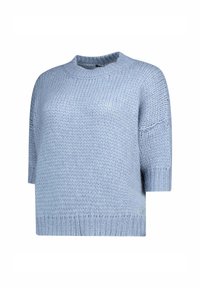 Lichtblauwe gebreide trui, ronde halslijn, korte mouwen, loose fit, textuurstof, geribbelde zoom en manchetten, gemiddeld van dikte.