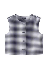 Top senza maniche a quadri gingham blu navy e bianco, con scollatura rotonda e quattro bottoni frontali, realizzato in tessuto leggero.