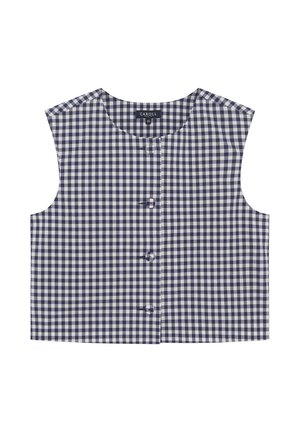 Marineblaues und weißes Gingham-Karomuster ärmelloses Oberteil mit Rundhalsausschnitt und vier vorderen Knöpfen, aus leichtem Stoff hergestellt.