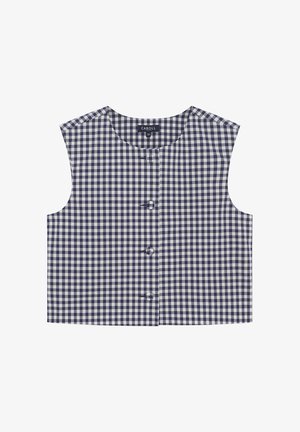 Granatowa i biała bluzka bez rękawów w kratkę gingham z okrągłym dekoltem i czterema guzikami z przodu, wykonana z lekkiego materiału.
