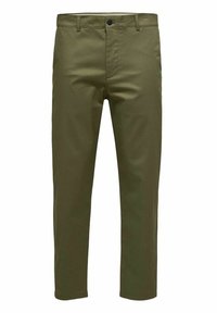 Olive green cotton blend trousers with a straight leg, button closure, and belt loops. Smooth texture with no visible patterns or accents.