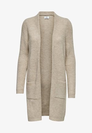 Beige gebreide cardigan met een open voorkant, geribbelde textuur, lange mouwen en twee voorke pockets. Zacht, lichtgewicht stof.