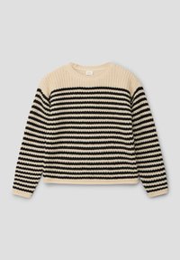 Maglione lavorato a maglia con stripe orizzontali crema e nero, collo a giro, spalle cadute e polsini e orlo a coste. Tessuto strutturato.