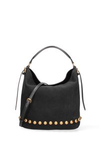Borsa a mano in suede nera con forma arrotondata, arricchita da borchie dorate lungo il fondo e una singola tracolla in pelle per il trasporto.