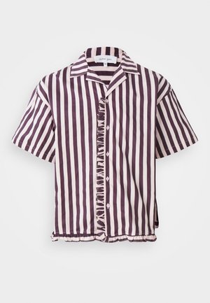Camisa de botones de manga corta con rayas verticales en color burdeos y blanco, con dobladillo volante y cuello. Fabricada en un tejido ligero con un corte relajado.