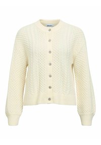 Kreemjas kaablusmustriga kardigan pikkade varrukate, soonikkoes ääre ja kuue dekoratiivse nööbiga ees. Ühtlane tekstuuriga muster.
