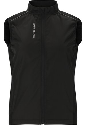 Sort ærmeløs vest lavet af let, glat stof med høj krave. Har en frontlynlås og diskrete reflekterende detaljer.