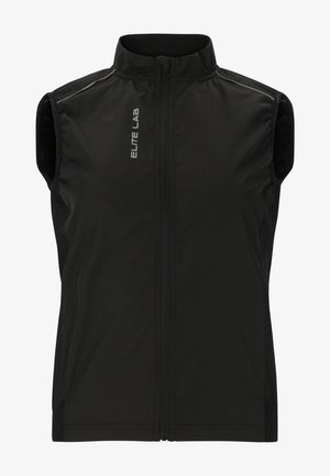 Sort ærmeløs vest lavet af let, glat stof med høj krave. Har en frontlynlås og diskrete reflekterende detaljer.