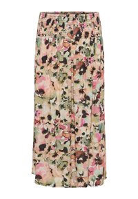 Jupe midi à imprimé floral avec ceinture élastique froncée, présentant des motifs abstraits de fleurs en rose doux, vert, beige et marron.