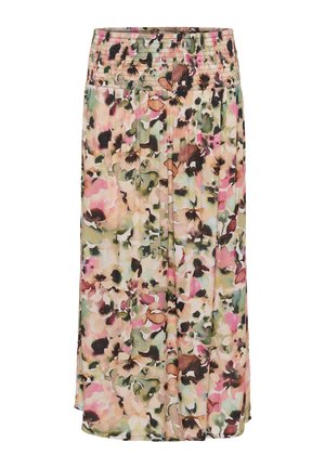 Fustă midi cu imprimeu floral și talie elastică cu șnur, prezentând modele abstracte de flori în nuanțe delicate de roz, verde, bej și maro.