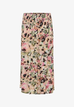 Fustă midi cu imprimeu floral și talie elastică cu șnur, prezentând modele abstracte de flori în nuanțe delicate de roz, verde, bej și maro.