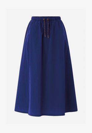 Mørkeblå nederdel til knæet med elastisk taljebånd og brune snore, lavet af let stof.