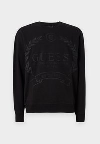 Black sweatshirt made of cotton with long sleeves. Features embroidered logo and text, textured laurel design, and ribbed cuffs.