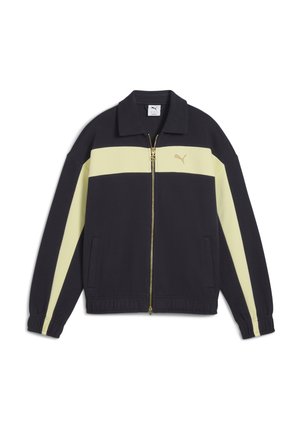Schwarze Zip-Jacke von Puma mit hellgelben horizontalen Streifen und Ärmeln, goldenen Puma-Logo, elastischen Bündchen und Taschen.