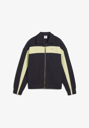 Čierna zipsová bunda Puma s bledými žltými horizontálnymi pruhmi a pruhmi na rukávoch, zlatým logom Puma, elastickými manžetami a vreckami.