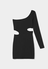 Czarna sukienka z asymetrycznym fasonem i długim rękawem, z wycięciami po bokach. Wykonana z gładkiego materiału, o prostym i nowoczesnym kroju.