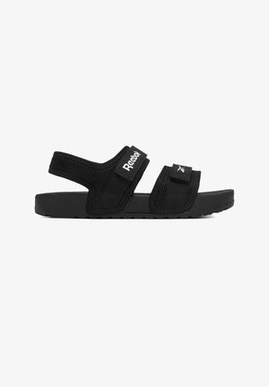 Schwarze Reebok Sandale mit offenem Zehenbereich, zwei verstellbaren Riemen und gepolsterter Sohle, für den Freizeitgebrauch entwickelt.