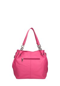 Roze leren handtas met een afgeronde vorm, voorzien van een bovenhandvat, zilverkleurige accenten en een voorvak met ritssluiting.