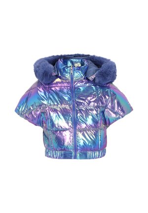 Jachetă puf strălucitoare, irizantă albastru-violet, cu mâneci scurte, fermoar frontal, două buzunare cu capse și glugă căptușită cu material pufos.