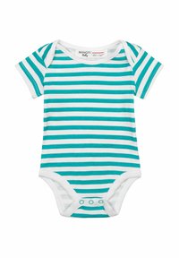 Csíkos, rövidujjú babarugdaló fehér és teal színben. Puha pamut anyag, kerek nyakkivágással és három patenttal az alján.