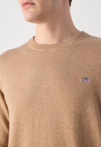 Beige kötött, kerek nyakú pulóver bordás nyakkivágással. A bal felső részen egy kis hímzett logó található. Puha tapintású, laza dizájn.