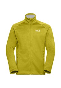 Geel fleece jack met hoge kraag en volledige rits, voorzien van twee zijzakken en een logo op de bovenste linkerkant. Gladde textuur.