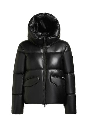 Schwarze Daunenjacke aus glänzendem Material, mit hohem Kapuzenkragen, durchgehendem Reißverschluss und zwei vorderen Taschen mit markanten Stichdetails.