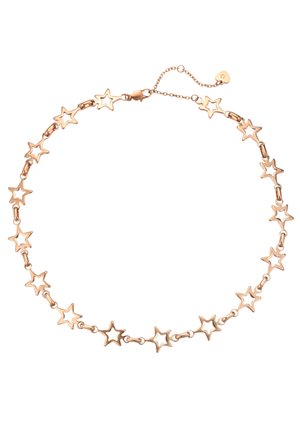 Rose gold necklace with linked hollow star-shaped charms and a small heart tag on an adjustable chain.