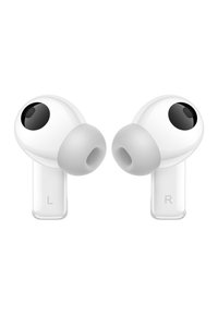 Kabellose Ohrhörer mit einer weißen, glänzenden Oberfläche, grauen Silikon-Ohrstöpseln und eingravierten "L"- und "R"-Markierungen für die linke und rechte Ausrichtung.