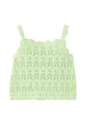 Lichtgroen gebreid mouwloos cropped topje met gekartelde randen en een geometrisch kanten patroon.