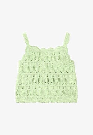 Haut court sans manches tricoté vert clair avec des bords festonnés et un motif en dentelle géométrique.